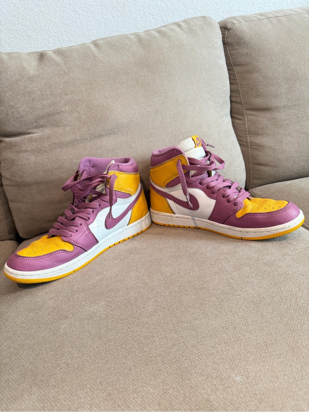 Jordan Women’s High-Top Sneakers — Purple, Yellow & White - Picture 3 of 6